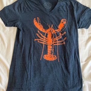V neck tee shirt. Gray. With orange lobster logo across front. Size S.